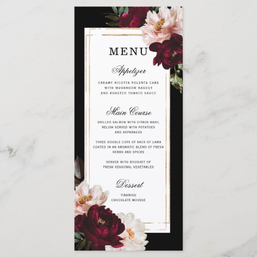 Donker Moody Bourgondië Blush Bloemen Gouden bruil Menu (Voorkant)