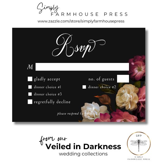 Donker Moody Bourgondië & Crème Pioenenrozen Zwart RSVP Kaartje