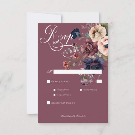 Donker Moody Bourgondië Ovaal Bloemen Lijst Diner RSVP Kaartje (Voorkant)