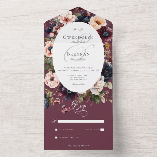 Donker Moody Bourgondië Ovaal Bloemen Lijst Geen D All In One Uitnodiging (Binnen)