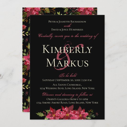 Donker Moody Bruiloft Monogram Claret Rood Poinset Kaart (Voorkant / Achterkant)