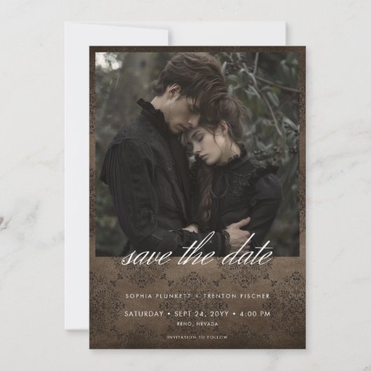 Donker Moody Bruin Damast Foto Bruiloft Save The Date (Voorkant)