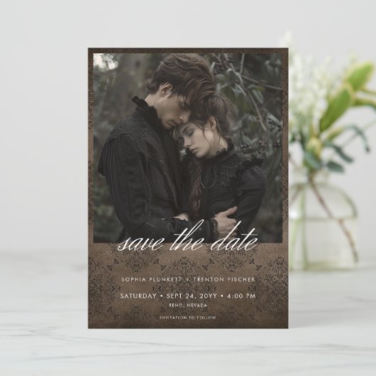 Donker Moody  Bruin Damast Foto Bruiloft Save The Date (Staand voorkant)