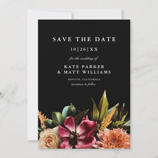 Donker Moody Elegant Bloemen Bruiloft Save the Dat Kaart (Voorkant)