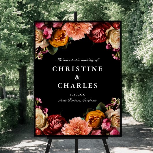 Donker + Moody Elegant Bloemen Bruiloft Welkom Poster