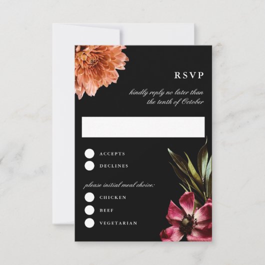 Donker + Moody Elegant Bloemen Zwart Bruiloft Antw RSVP Kaartje (Voorkant)