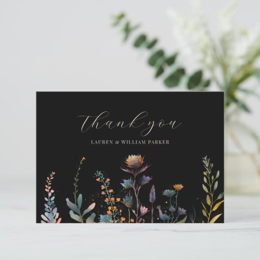 Donker Moody Elegant Bloemen Zwart Bruiloft Bedankkaart (Staand voorkant)