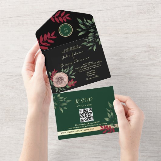 Donker Moody Floral Elegant Zwart Bruiloft All In One Uitnodiging (Afscheurbaar)
