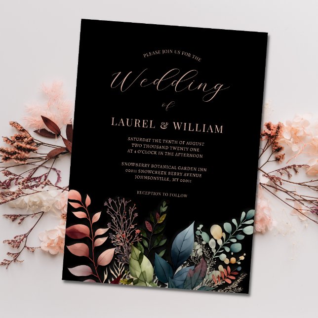 Donker Moody Floral Zwart Elegant Bruiloft Kaart