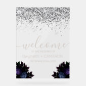 Donker Moody Glitter Zilver Marine Blauwe Bloemen Acryl Bord (Voorkant)