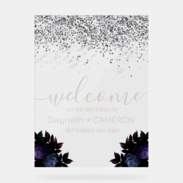 Donker Moody Glitter Zilver Marine Blauwe Bloemen Acryl Bord