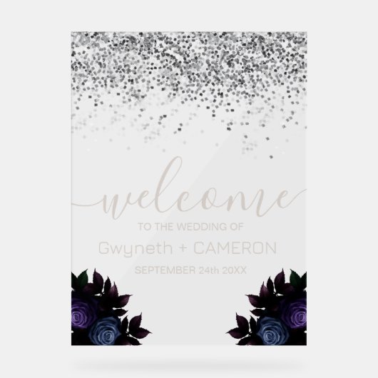 Donker Moody Glitter Zilver Marine Blauwe Bloemen Acryl Bord (Voorkant)