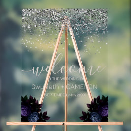 Donker Moody Glitter Zilver Marine Blauwe Bloemen Acryl Bord