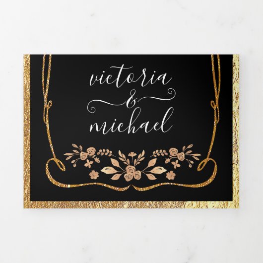 Donker & Moody Goud en Zwarte Bloemen Huwelijk Drieluik Uitnodiging (Cover)