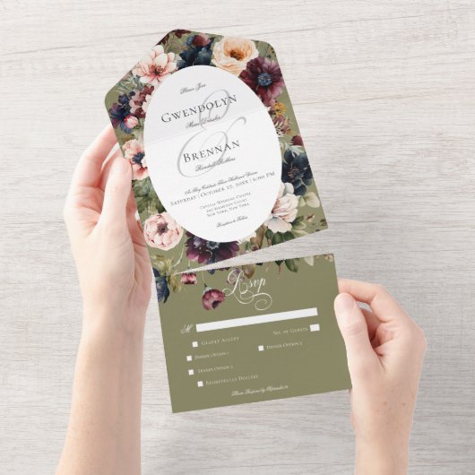 Donker Moody Groen Ovaal Bloemen Lijst Diner All In One Uitnodiging (Afscheurbaar)