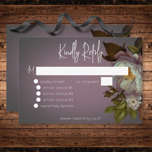 Donker Moody Mauve Bloemen Modern Bruiloft Diner RSVP Kaartje