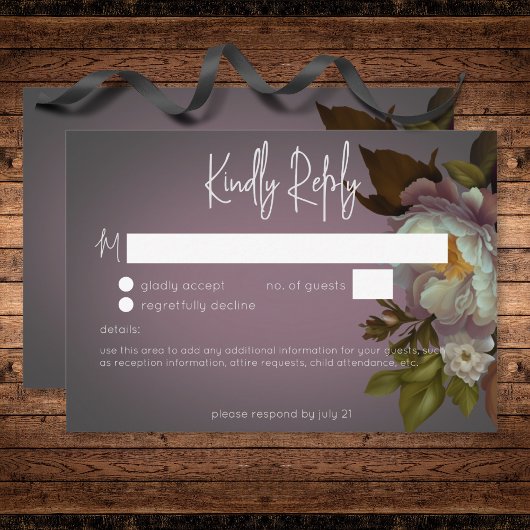 Donker Moody Mauve Bloemen Modern Bruiloft Geen Di RSVP Kaartje