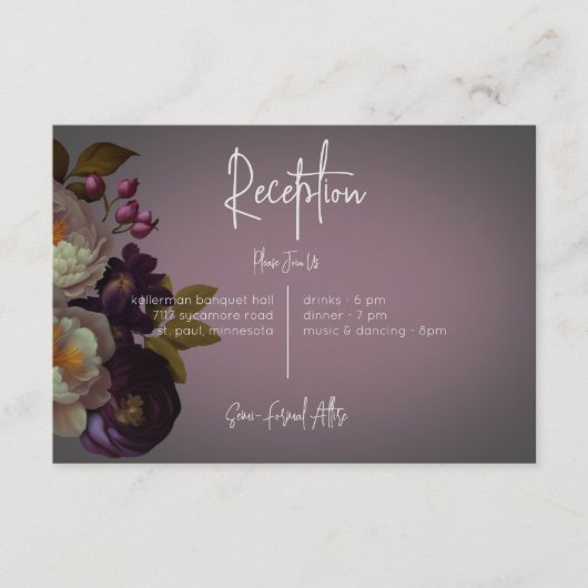Donker Moody Mauve Bloemen Moderne Receptie Informatiekaartje (Voorkant)