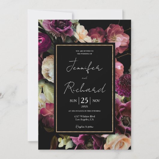 Donker Moody Paarse Bloom Bloemen Zwart Bruiloft Kaart (Voorkant)