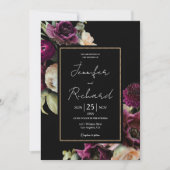 Donker & Moody Paarse Bloom Bloom Zwart Bruiloft Kaart (Voorkant)