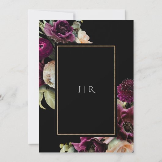 Donker & Moody Paarse Bloom Bloom Zwart Bruiloft Kaart (Achterkant)