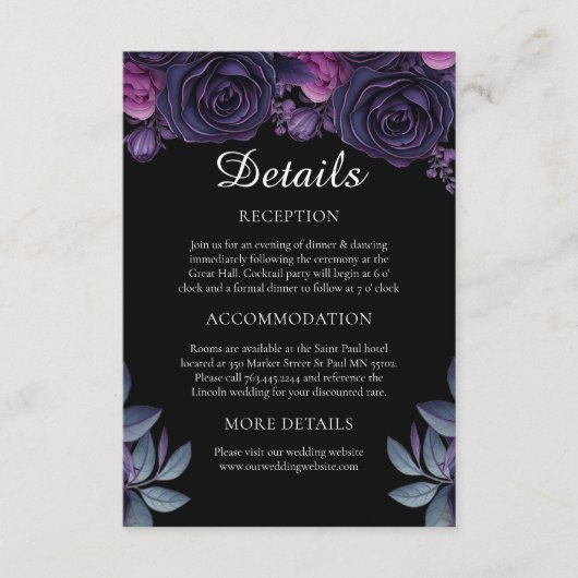 Donker Moody Paarse Gotische Bloemen Bruiloft Deta Informatiekaartje (Voorkant)