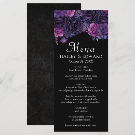 Donker Moody Paarse Gotische Bloemen Bruiloft Menu (Voorkant / Achterkant)
