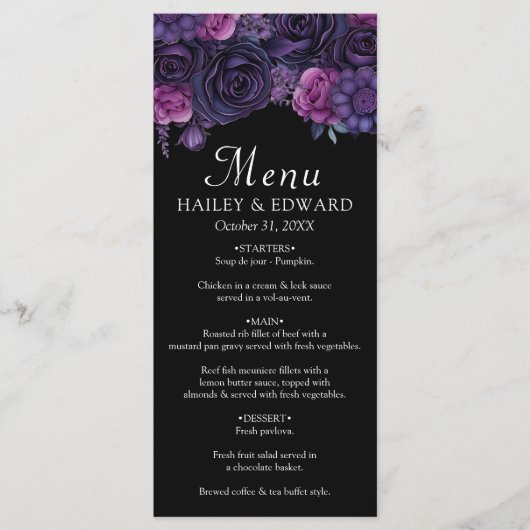 Donker Moody Paarse Gotische Bloemen Bruiloft Menu (Voorkant)