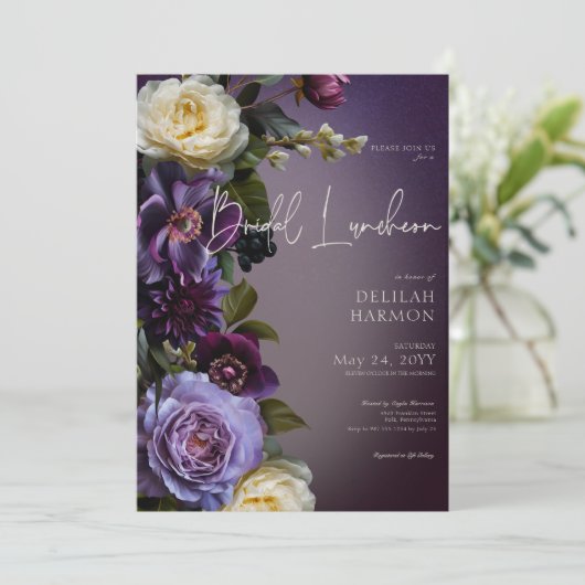 Donker Moody Paarse & Lavendel Bloemen Bruidslunch Kaart (Staand voorkant)