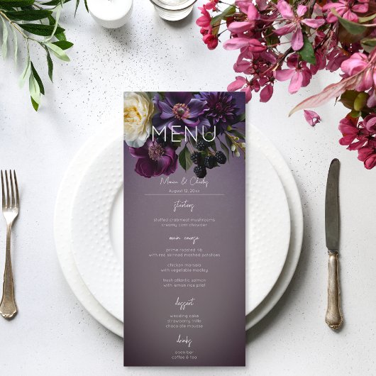 Donker Moody Paarse Lavendel Bloemen Modern Huweli Menu