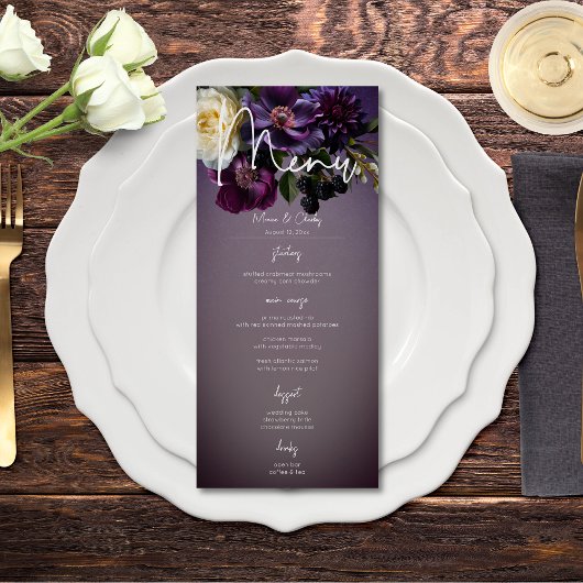 Donker Moody Paarse Lavendel Bloemen Modern Huweli Menu