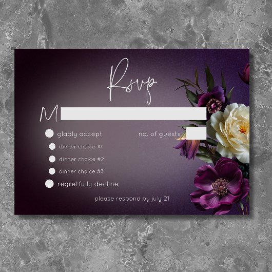 Donker Moody Paarse Lavendel Bloemen Modern Huweli RSVP Kaartje