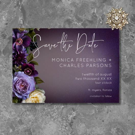 Donker Moody Paarse Lavendel Bloemen Modern Huweli Save The Date