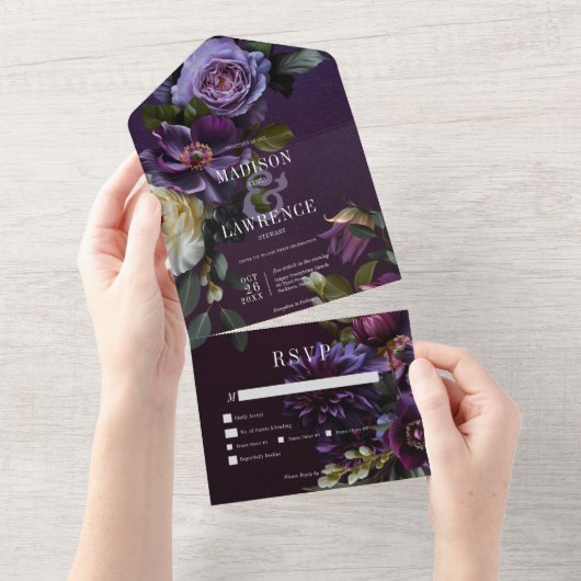 Donker Moody Paarse & Witte Bloemen Diner All In One Uitnodiging (Afscheurbaar)