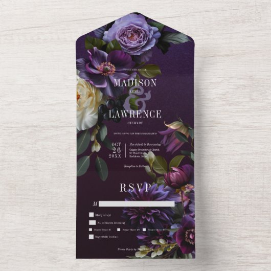 Donker Moody Paarse & Witte Bloemen Diner All In One Uitnodiging (Binnen)