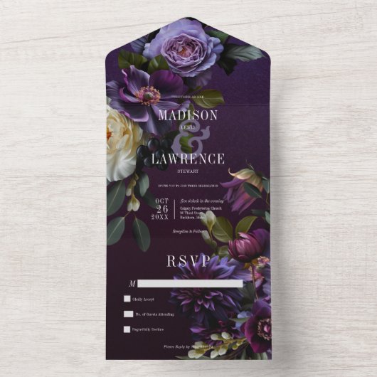 Donker Moody Paarse & Witte Bloemen Geen Diner All In One Uitnodiging (Binnen)