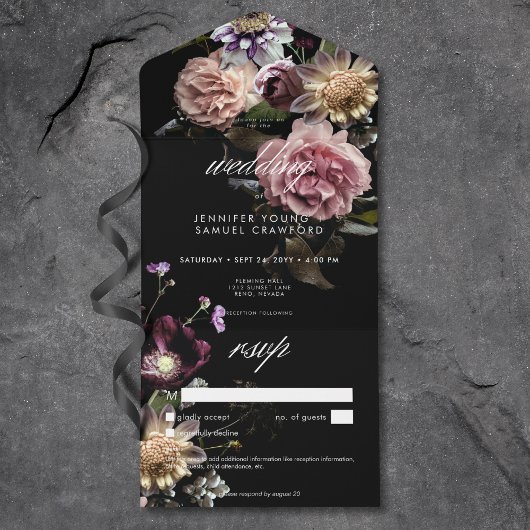 Donker Moody Pastel Opulent Bloemen Zwart Diner All In One Uitnodiging