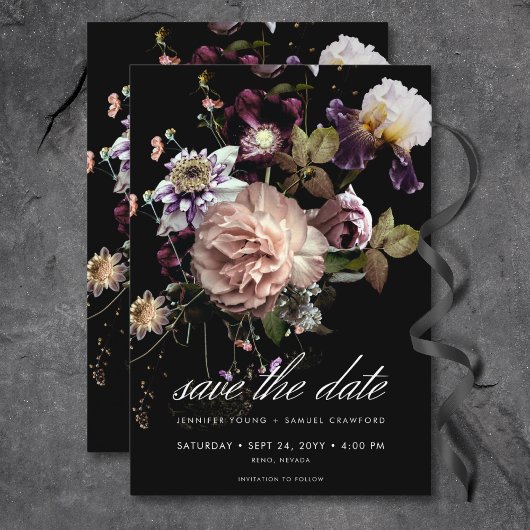 Donker Moody Pastel Opulent Bloemen Zwart Huwelijk Save The Date