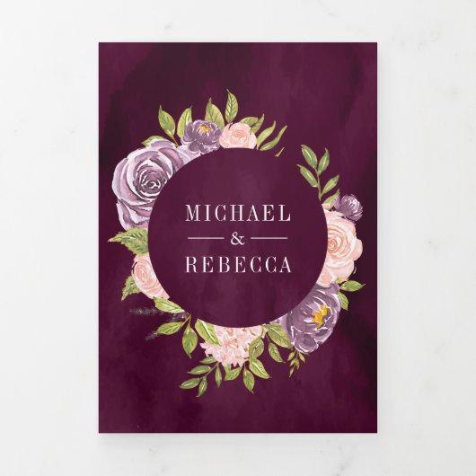 Donker Moody Plum Paarse Blush Roze Bloemen Bruilo Drieluik Uitnodiging (Cover)