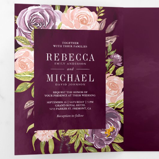 Donker Moody Plum Paarse Blush Roze Bloemen Bruilo Drieluik Uitnodiging (Binnenzijde eerst)