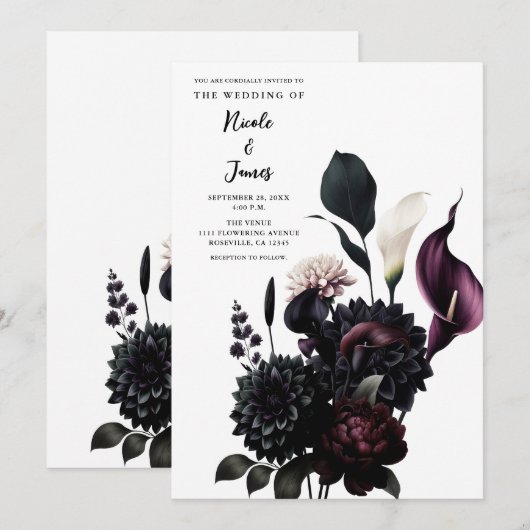 Donker Moody Romantisch Bloemen Wit Bruiloft Kaart (Voorkant / Achterkant)