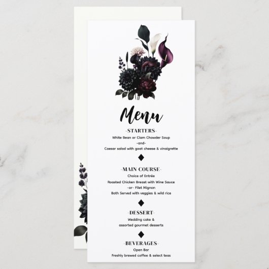 Donker Moody Romantisch Bloemen Wit Bruiloft Menu (Voorkant / Achterkant)