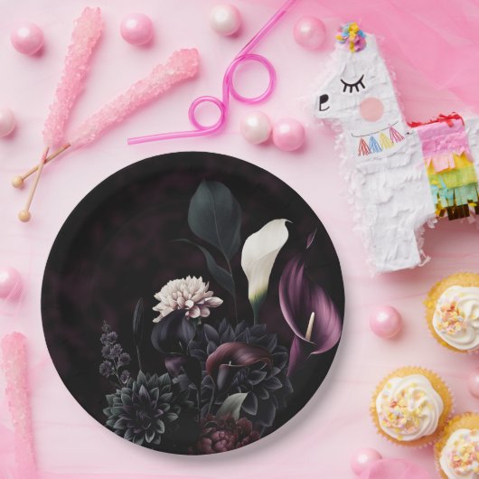 Donker Moody Romantisch Bloemen Wit Bruiloft Papieren Bordje (Feest)