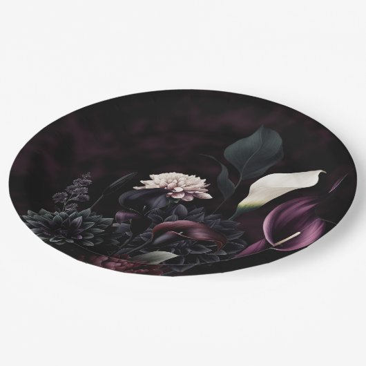 Donker Moody Romantisch Bloemen Wit Bruiloft Papieren Bordje (Gekanteld)