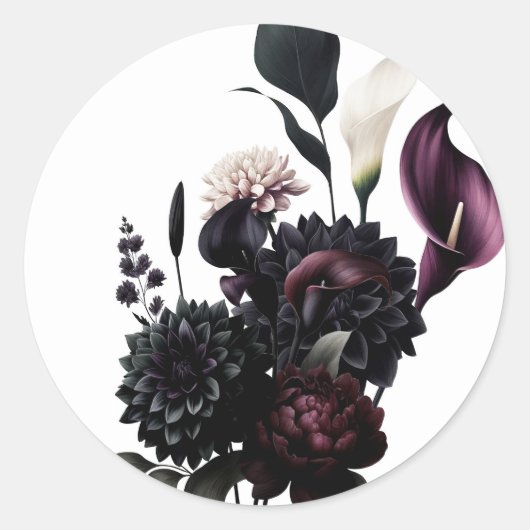Donker Moody Romantisch Bloemen Wit Bruiloft Ronde Sticker (Voorkant)