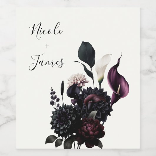 Donker Moody Romantisch Bloemen Wit Bruiloft Wijn Etiket (Enkel label)