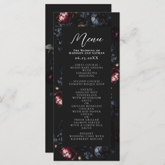 Donker Moody Romantische Zwarte pioen Gotische bru Menu (Voorkant / Achterkant)