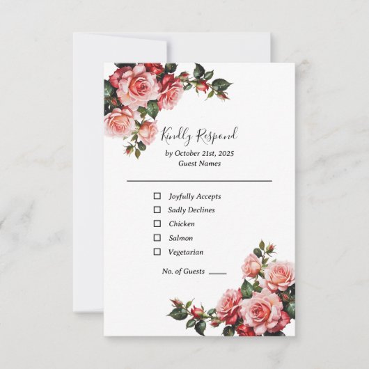 Donker Moody roze en rode rozen groene bruiloft RSVP Kaartje (Voorkant)