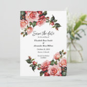 Donker Moody roze en rode rozen groene bruiloft Save The Date (Staand voorkant)