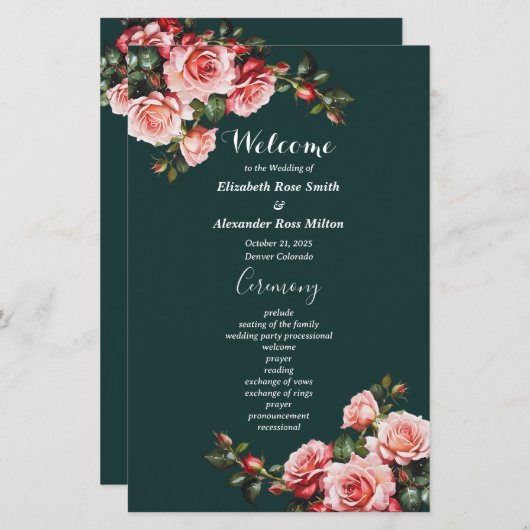 Donker Moody roze rode rozen groen bruiloft progra (Voorkant / Achterkant)